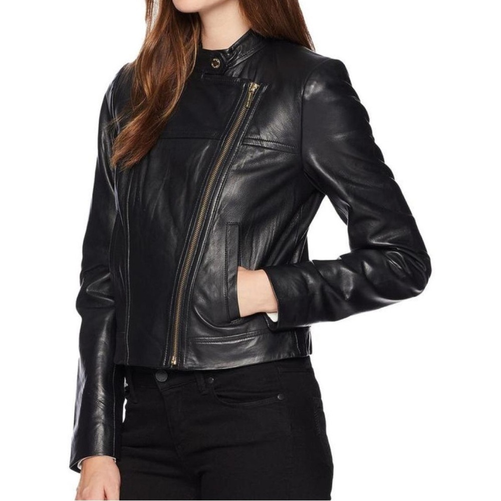 Michael Kors Leather Moto‎ Jacket Luggage Black Sz XS - Picture 4 of 13